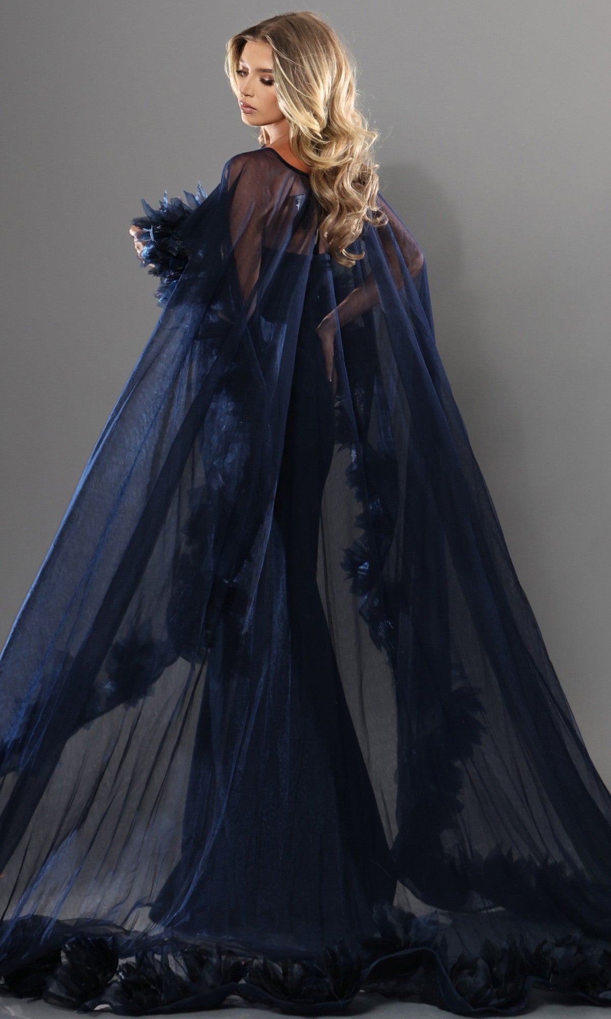 A woman stands in profile against a plain gray background, wearing the Long Formal Dress: Jovani 44321—a sheer, floor-length navy blue gown featuring elegant feathered trim.
